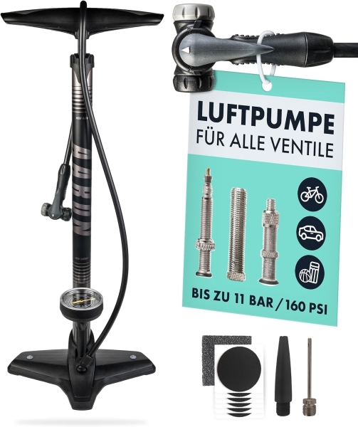 AARON Sport One – Fahrradpumpe / Standpumpe für alle Ventile mit Manometer, Grau